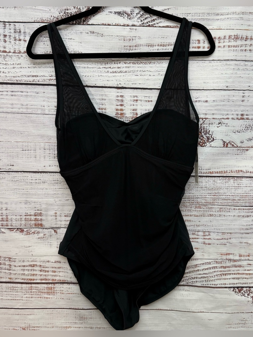 NWT Jaclyn Smith Black Mesh-Over One-Piece Swimsuit